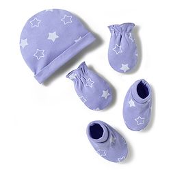 Babyhug 100% Cotton Interlock Knit Star Printed Cap Mittens & Booties Set Lilac - Diameter 10 cm