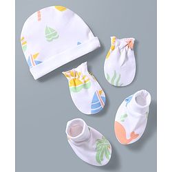 Babyhug 100% Cotton Knit Cap Mitten & Booties with Boat Print White - Diameter 9.5 cm