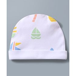 Babyhug 100% Cotton Knit Cap Mitten & Booties with Boat Print White - Diameter 9.5 cm