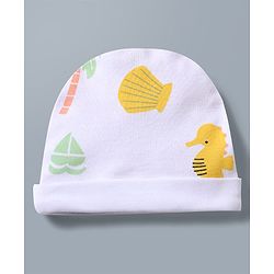Babyhug 100% Cotton Knit Cap Mitten & Booties with Boat Print White - Diameter 9.5 cm