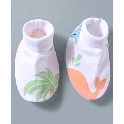 Babyhug 100% Cotton Knit Cap Mitten & Booties with Boat Print White - Diameter 9.5 cm