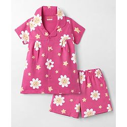 Babyhug Cotton Knit Front Open Half Sleeves Co-Ords Floral Printed Short Night Suit - Dark Pink