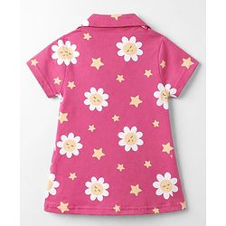 Babyhug Cotton Knit Front Open Half Sleeves Co-Ords Floral Printed Short Night Suit - Dark Pink
