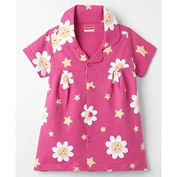Babyhug Cotton Knit Front Open Half Sleeves Co-Ords Floral Printed Short Night Suit - Dark Pink