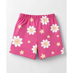 Babyhug Cotton Knit Front Open Half Sleeves Co-Ords Floral Printed Short Night Suit - Dark Pink