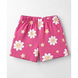 Babyhug Cotton Knit Front Open Half Sleeves Co-Ords Floral Printed Short Night Suit - Dark Pink