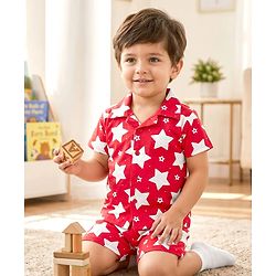 Babyhug Cotton Knit Half Sleeves Shirt & Shorts Co-ord Night Suit With Star Print - Red