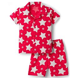 Babyhug Cotton Knit Half Sleeves Shirt & Shorts Co-ord Night Suit With Star Print - Red