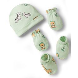 Babyhug 100% Cotton Interlock Knit Animal Printed Cap Mittens & Booties Set Light Green - Diameter 11 cm