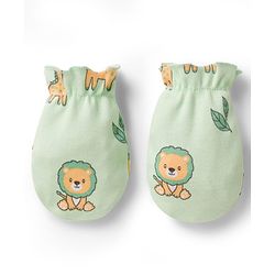 Babyhug 100% Cotton Interlock Knit Animal Printed Cap Mittens & Booties Set Light Green - Diameter 11 cm