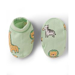 Babyhug 100% Cotton Interlock Knit Animal Printed Cap Mittens & Booties Set Light Green - Diameter 11 cm