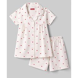 Babyhug Cotton Knit Half Sleeves Co-Ord Top & Shorts Night-Suit With Heart Print - Peach