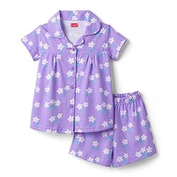 Babyhug Cotton Knit Front Open Half Sleeves Shorts & Top Night Suit Floral Print - Lavender