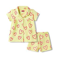Babyhug Cotton Knit Half Sleeves Hearts Printed Co-Ords Top & Shorts Night Suit - Lime Green