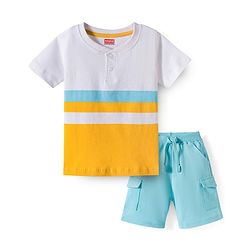 Babyhug Single Jersey Knit Half Sleeves Striped T-Shirt & Shorts Set - Multicolor