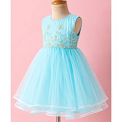 Babyhug Mesh Woven Sleeveless Floral Embroidered Fit & Flare Party Frock With Lace Detailing - Aqua Blue