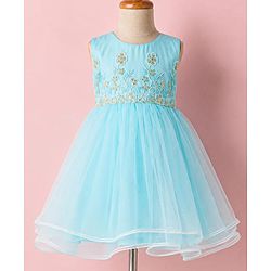 Babyhug Mesh Woven Sleeveless Floral Embroidered Fit & Flare Party Frock With Lace Detailing - Aqua Blue