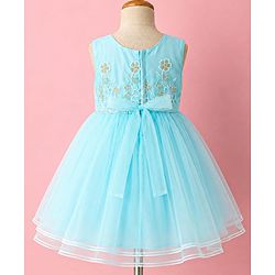 Babyhug Mesh Woven Sleeveless Floral Embroidered Fit & Flare Party Frock With Lace Detailing - Aqua Blue