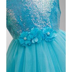 Babyhug Mesh Woven Sleeveless Fit & Flared Shimmered Party Dress with Floral Corsage & Sequin Detailing - Light Blue