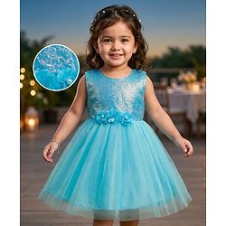 Babyhug Mesh Woven Sleeveless Fit & Flared Shimmered Party Dress with Floral Corsage & Sequin Detailing - Light Blue
