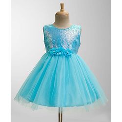 Babyhug Mesh Woven Sleeveless Fit & Flared Shimmered Party Dress with Floral Corsage & Sequin Detailing - Light Blue