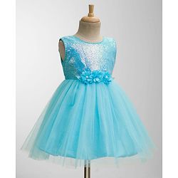 Babyhug Mesh Woven Sleeveless Fit & Flared Shimmered Party Dress with Floral Corsage & Sequin Detailing - Light Blue