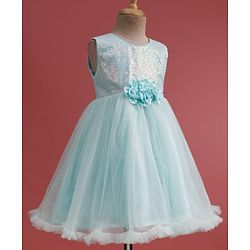 Babyhug Mesh Woven Sleeveless Party Dress With Sequin Detailing & Floral Corsage - Mint