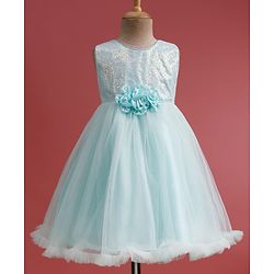 Babyhug Mesh Woven Sleeveless Party Dress With Sequin Detailing & Floral Corsage - Mint