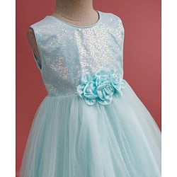 Babyhug Mesh Woven Sleeveless Party Dress With Sequin Detailing & Floral Corsage - Mint