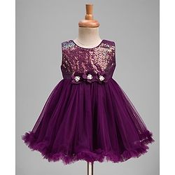 Babyhug Mesh Woven Sleeveless Party Dress With Sequin Detailing & Floral Corsage - Wine