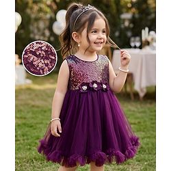 Babyhug Mesh Woven Sleeveless Party Dress With Sequin Detailing & Floral Corsage - Wine