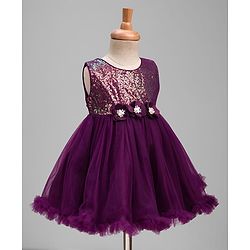 Babyhug Mesh Woven Sleeveless Party Dress With Sequin Detailing & Floral Corsage - Wine