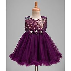 Babyhug Mesh Woven Sleeveless Party Dress With Sequin Detailing & Floral Corsage - Wine