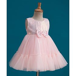 Babyhug Mesh Woven Sleeveless Party Wear Frock With Sequin Detailing & Bow Applique - Peach