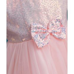 Babyhug Mesh Woven Sleeveless Party Wear Frock With Sequin Detailing & Bow Applique - Peach