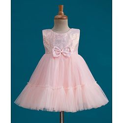 Babyhug Mesh Woven Sleeveless Party Wear Frock With Sequin Detailing & Bow Applique - Peach