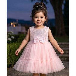 Babyhug Mesh Woven Sleeveless Party Wear Frock With Sequin Detailing & Bow Applique - Peach