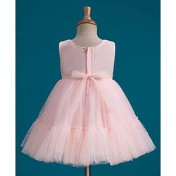 Babyhug Mesh Woven Sleeveless Party Wear Frock With Sequin Detailing & Bow Applique - Peach