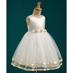 Babyhug Mesh Woven Sleeveless Shimmer Party Dress With Floral Corsage - Off White & Gold