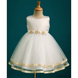 Babyhug Mesh Woven Sleeveless Shimmer Party Dress With Floral Corsage - Off White & Gold