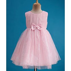 Babyhug Mesh Woven Sleeveless Party Dress With Sequin Detailing & Bow Applique - Light Pink