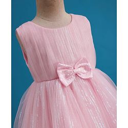 Babyhug Mesh Woven Sleeveless Party Dress With Sequin Detailing & Bow Applique - Light Pink
