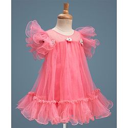 Babyhug Mesh Woven Sleeveless A-Line Party Dress With Floral Applique - Pink