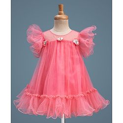 Babyhug Mesh Woven Sleeveless A-Line Party Dress With Floral Applique - Pink