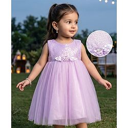 Babyhug Mesh Woven Sleeveless Party Dress With Floral Corsage & Sequin Detailing - Lavender