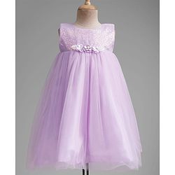 Babyhug Mesh Woven Sleeveless Party Dress With Floral Corsage & Sequin Detailing - Lavender