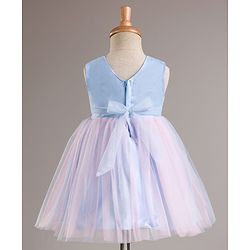 Babyhug Mesh Woven Sleeveless Party Wear Frock With Sequin Detailing & Floral Corsage - Light Blue