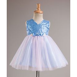 Babyhug Mesh Woven Sleeveless Party Wear Frock With Sequin Detailing & Floral Corsage - Light Blue