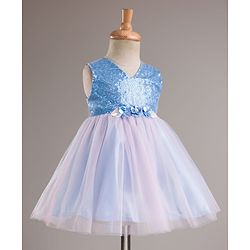 Babyhug Mesh Woven Sleeveless Party Wear Frock With Sequin Detailing & Floral Corsage - Light Blue