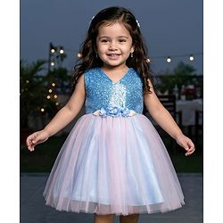 Babyhug Mesh Woven Sleeveless Party Wear Frock With Sequin Detailing & Floral Corsage - Light Blue